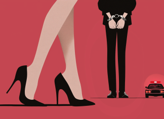 Ein Gesetz, das Sexarbeit gefährlicher macht Das Nordische Modell bestraft Kund*innen von Sexarbeit: Rechts sind die Beine einer Frau in High-Heels zu sehen. Rechts ist der Unterkörper eines Mannes zu sehen, seine Hände sind in Handschellen. Daneben ist ein Polizeiauto.