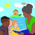 „Schön ist ein lebendiges Miteinander und nicht: Seid alle still” Auf einem bunt illustrierten Bild liest eine Schwarze Frau drei Kindern ein Buch vor.