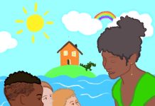 „Schön ist ein lebendiges Miteinander und nicht: Seid alle still” Auf einem bunt illustrierten Bild liest eine Schwarze Frau drei Kindern ein Buch vor.