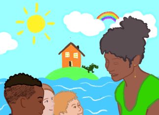 „Schön ist ein lebendiges Miteinander und nicht: Seid alle still” Auf einem bunt illustrierten Bild liest eine Schwarze Frau drei Kindern ein Buch vor.