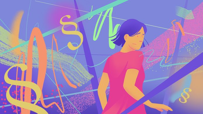 Illustration einer Frau zwischen Paragrafenzeichen.