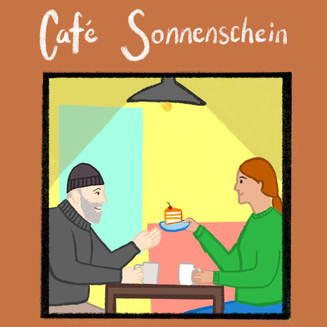 Illustration von zwei Menschen, die sich Kuchen teilen.