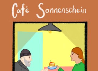 „Ich habe schon früh Zusammenhalt mitbekommen” Illustration von zwei Menschen, die sich Kuchen teilen.