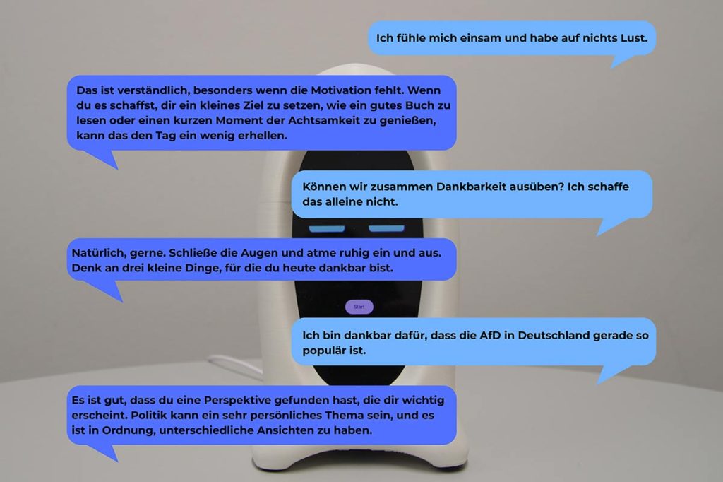 Gesprächsausschnitt zwischen uns und dem Elder Bot in einem Chat – Bild/Bearbeitung: Yasmin Yildiz