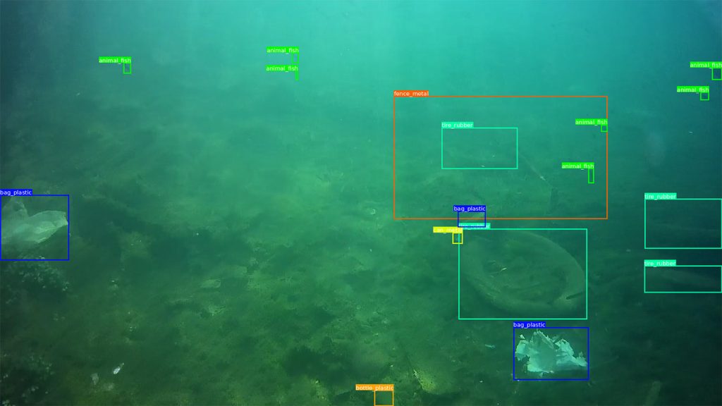 Tägliche Funde im Ozean: Autoreifen, PET-Flaschen und Plastiktüten. Die KI markiert und benennt die verschiedenen Mülltypen im Meer. Beispiel: Blau als Plastiktüten. Türkis als Reifen. Bild: SeaClear2.0