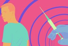 Warum die HPV-Impfung keine Mädchensache ist Illustration von einer Spritze im Vordergrund und einem Mann, der sich nach ihr umsieht