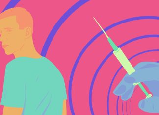 Warum die HPV-Impfung keine Mädchensache ist Illustration von einer Spritze im Vordergrund und einem Mann, der sich nach ihr umsieht