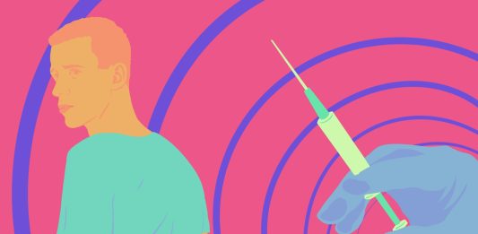Warum die HPV-Impfung keine Mädchensache ist Illustration von einer Spritze im Vordergrund und einem Mann, der sich nach ihr umsieht