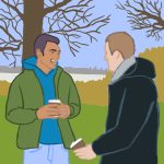 „Während wir uns unterhalten, korrigiere ich” Illustration von zwei Männern, die in der Natur sind.