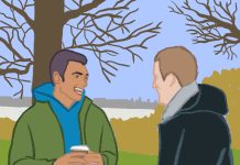 „Während wir uns unterhalten, korrigiere ich” Illustration von zwei Männern, die in der Natur sind.