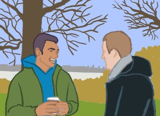 „Während wir uns unterhalten, korrigiere ich” Illustration von zwei Männern, die in der Natur sind.