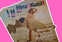 400 Mal “Hinz und Kunzt” – die Stimme der Obdachlosen Eine Abbildung von der 400. Ausgabe von Hinz & Kunzt. Auf dem Cover ist Schauspieler Robert Lindemann zu sehen wie er an einem Strand ein Surfbrett trägt.