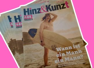 400 Mal “Hinz und Kunzt” – die Stimme der Obdachlosen Eine Abbildung von der 400. Ausgabe von Hinz & Kunzt. Auf dem Cover ist Schauspieler Robert Lindemann zu sehen wie er an einem Strand ein Surfbrett trägt.