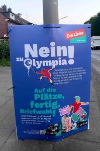 Auf dem Bild sieht man ein Plakat der Linken mit der Überschrift "Nein zu Olympia!"