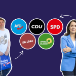 Wie stehen die Parteien zu Olympia in Hamburg? Die Parteien AfD, Die Linke, CDU, Die Grünen und SPD sind in Referenz an dem Olympia Logo angeordeten. Links neben dem Logo ist Martin Wolter von der Linken abgebildet. Rechts Aydan Özoguz von der SPD.