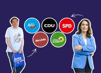 Wie stehen die Parteien zu Olympia in Hamburg? Die Parteien AfD, Die Linke, CDU, Die Grünen und SPD sind in Referenz an dem Olympia Logo angeordeten. Links neben dem Logo ist Martin Wolter von der Linken abgebildet. Rechts Aydan Özoguz von der SPD.