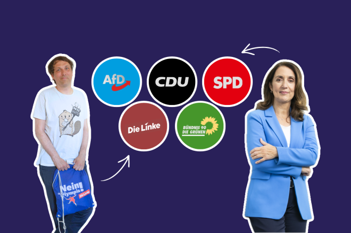 Die Parteien AfD, Die Linke, CDU, Die Grünen und SPD sind in Referenz an dem Olympia Logo angeordeten. Links neben dem Logo ist Martin Wolter von der Linken abgebildet. Rechts Aydan Özoguz von der SPD.