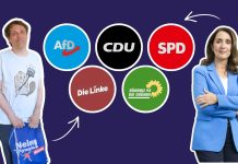 Wie stehen die Parteien zu Olympia in Hamburg? Die Parteien AfD, Die Linke, CDU, Die Grünen und SPD sind in Referenz an dem Olympia Logo angeordeten. Links neben dem Logo ist Martin Wolter von der Linken abgebildet. Rechts Aydan Özoguz von der SPD.
