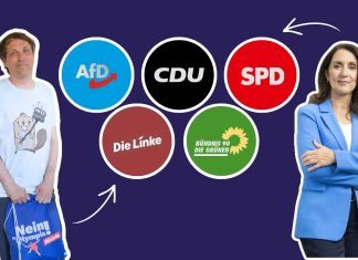 Wie stehen die Parteien zu Olympia in Hamburg? Die Parteien AfD, Die Linke, CDU, Die Grünen und SPD sind in Referenz an dem Olympia Logo angeordeten. Links neben dem Logo ist Martin Wolter von der Linken abgebildet. Rechts Aydan Özoguz von der SPD.