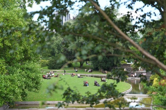 Eine Wiese im Hamburger Planten un Blomen, mehrere Menschen sitzen darauf, ein Ast verdeckt leicht das Bild. Planten un Blomen ist ein Veranstaltungsort des Mozart-Nature-Fest-2026.