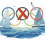 NOlympiJA!? Eine Illustration von zwei Segelschiffen und den Olympischen Ringen. Der mittlere, schwarze Ring ist angekreuzt. Quelle: Patricia Schnoor