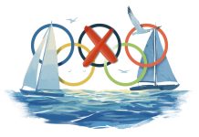 NOlympiJA!? Eine Illustration von zwei Segelschiffen und den Olympischen Ringen. Der mittlere, schwarze Ring ist angekreuzt. Quelle: Patricia Schnoor