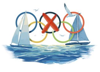 NOlympiJA!? Eine Illustration von zwei Segelschiffen und den Olympischen Ringen. Der mittlere, schwarze Ring ist angekreuzt. Quelle: Patricia Schnoor