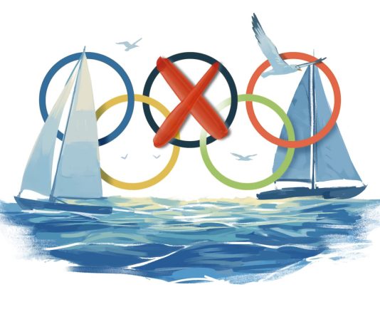 NOlympiJA!? Eine Illustration von zwei Segelschiffen und den Olympischen Ringen. Der mittlere, schwarze Ring ist angekreuzt. Quelle: Patricia Schnoor