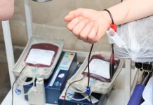 Hitze in Hamburg: DRK ruft zum Blutspenden auf Eine Hand ist geballt über Blutbeutel.