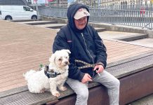 Früher obdachlos, heute Stadtführer Chris sitzt mit seinem Hund Struppi auf einer Bank. Zwischen seinen Fingern hält er eine Zigarette.