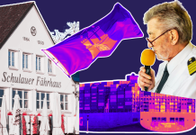 Von Frachtern, Flaggen und Fernweh Eine Collage, auf der das Schulauer Fährhaus, ein Mann mit einem Mikrofon, ein Containerschiff und eine Flagge mit dem Hamburger Stadtwappen zu sehen ist.