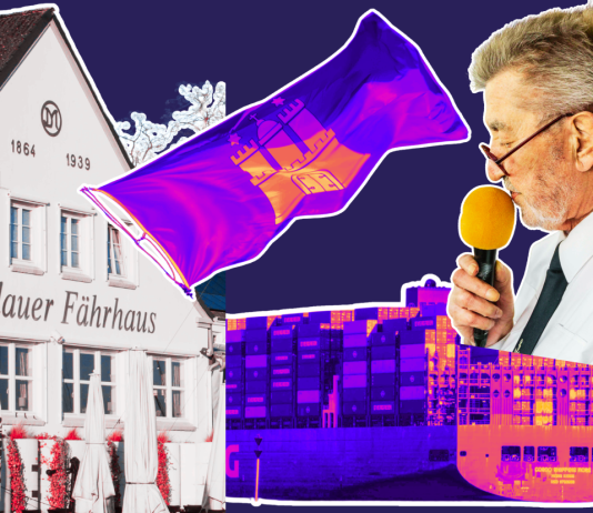 Von Frachtern, Flaggen und Fernweh Eine Collage, auf der das Schulauer Fährhaus, ein Mann mit einem Mikrofon, ein Containerschiff und eine Flagge mit dem Hamburger Stadtwappen zu sehen ist.