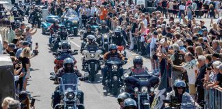 Harley Days in Hamburg: Sperren wegen Motorradparade erwartet Viele Motorradfahrer*innen fahren in Reihen über eine Straße in der Sonne.