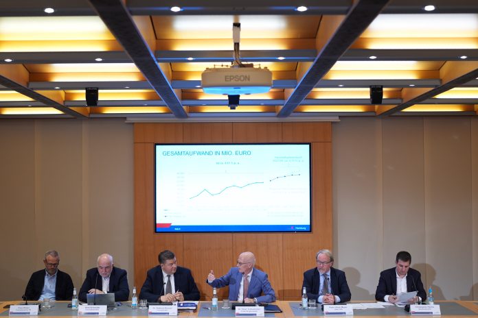 In einem Konferenzsaal sitzen 6 Menschen an einem Tisch. Hinter ihnen ist ein Bildschirm mit einer Grafik und Beschriftung: 