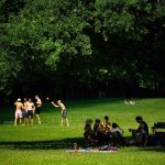 Hamburger Wetter: Von Rekordhitze zum Unwetter Hamburger suchen Zuflucht im Schatten eines Parks. Foto: Jonas Walzberg/dpa