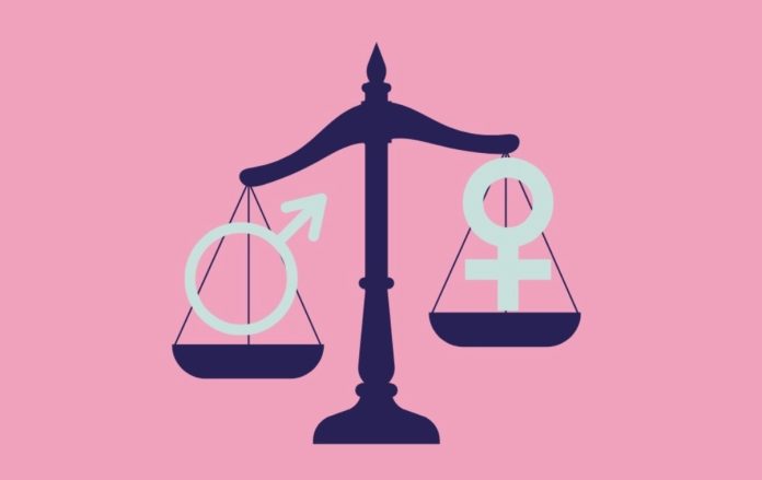 Ungleiche Waage. Auf der linken Seite das männliche Geschlechtsszeichen was schwerer ist als das weibliche Zeichen auf der rechten Seite.