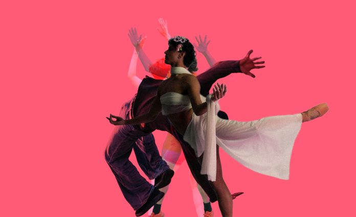 Tanztriennale_Keyvisual_cAmenGestaltung Auf einem pinken Hintergrund sind zwei Tänzer*innen abgebildet. Die Bewegungen verschwimmen und werden durch wehende Stoffe verstärkt.