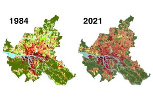 Die Versiegelung von Hamburg in 1984 und 2021.