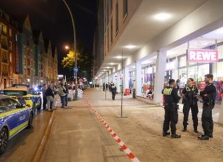 Messerattacke in Altonaer Supermarkt endet tödlich EIn Polizeiauto steht an einem Bürgersteig wo eine Gruppe an Polizist*innen vor einem Rewe stehen im Kontext einer Messerattacke