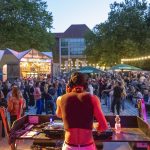 Altonale kämpft ums Überleben Ein DJ steht auf einer Bühne, mit dem Rücken zur Kamera. Im Hintergrund sieht man Lichterketten und tanzende Menschen. Auf der Altonale 2025.