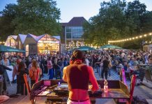 Altonale kämpft ums Überleben Ein DJ steht auf einer Bühne, mit dem Rücken zur Kamera. Im Hintergrund sieht man Lichterketten und tanzende Menschen. Auf der Altonale 2025.