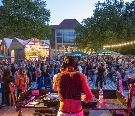 Altonale kämpft ums Überleben Ein DJ steht auf einer Bühne, mit dem Rücken zur Kamera. Im Hintergrund sieht man Lichterketten und tanzende Menschen. Auf der Altonale 2025.