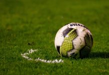 Fußball-WM: Public Viewing in Hamburg Ein Fußball liegt auf einem grünen Rasen.