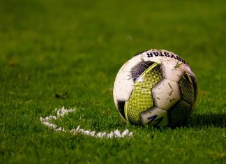 Fußball-WM: Public Viewing in Hamburg Ein Fußball liegt auf einem grünen Rasen.