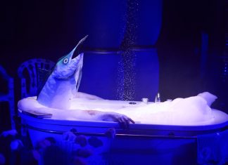 Kampnagel startet Live Art Festival Auf einer Bühne steht eine Badewanne, in der eine Person mit einem Fischkopf-Kostüm sitzt. Die Szene wird von blauem Licht beleuchtet, wodurch eine surreale und geheimnisvolle Atmosphäre entsteht.