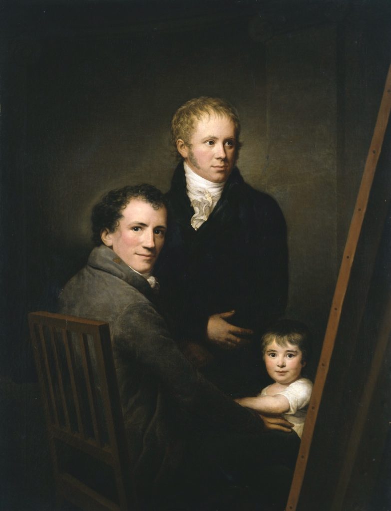 Gemälde: Selbstbildnis von Friedrich Carl Gröger mit Pflegetochter Lina Gröger und Maler Heinrich Jakob Aldenrath, um 1804