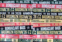 Hamburger Kollektiv gründet „Bassmuzik Festival“ Buntes Promo-Poster mit Aufschrift „Bassmuzik Festival – 11. Juli 2026" und „Bombaclart Bass“ in grün, schwarz, gelb und rot.