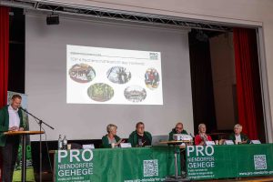 Fünf Personen sitzen an einem Tisch, der mit einem grünen Banner behängt ist, auf dem Pro Niendorfer Gehege steht. Im Hintergrund ist auf einer Leinwand die "Top 6 Rechenschaftsberichte des Vorstands" gezeigt.