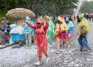 Schlagermove: 200.000 Menschen feiern in farbenfrohen Kostümen Menschen in bunten Kostümen feiern im Regen während des Schlagermove 2026.