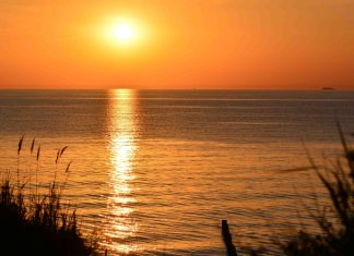 Nord- und Ostsee: Meeresoberfläche hat sich im Juni schnell erwärmt Blick auf die Ostsee. Aufgehende Sonne über dem Horrizont. Schattige Gräser im Vordergrund.